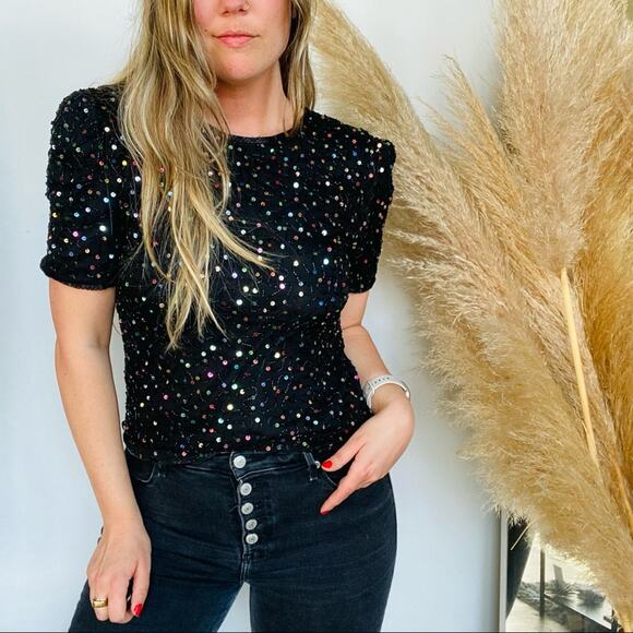 VINTAGE Black Squiggle Sequin Multicolor Puff Short Sleeve Blouse Top Shirt XS - Picture 1 of 7